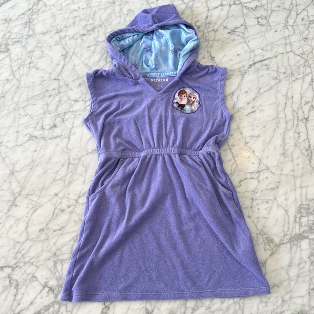 DISNEY FROZEN PURPLE TERRY CLOTH HOODED ZIP UP SWIM COVER UP SZ 7/8